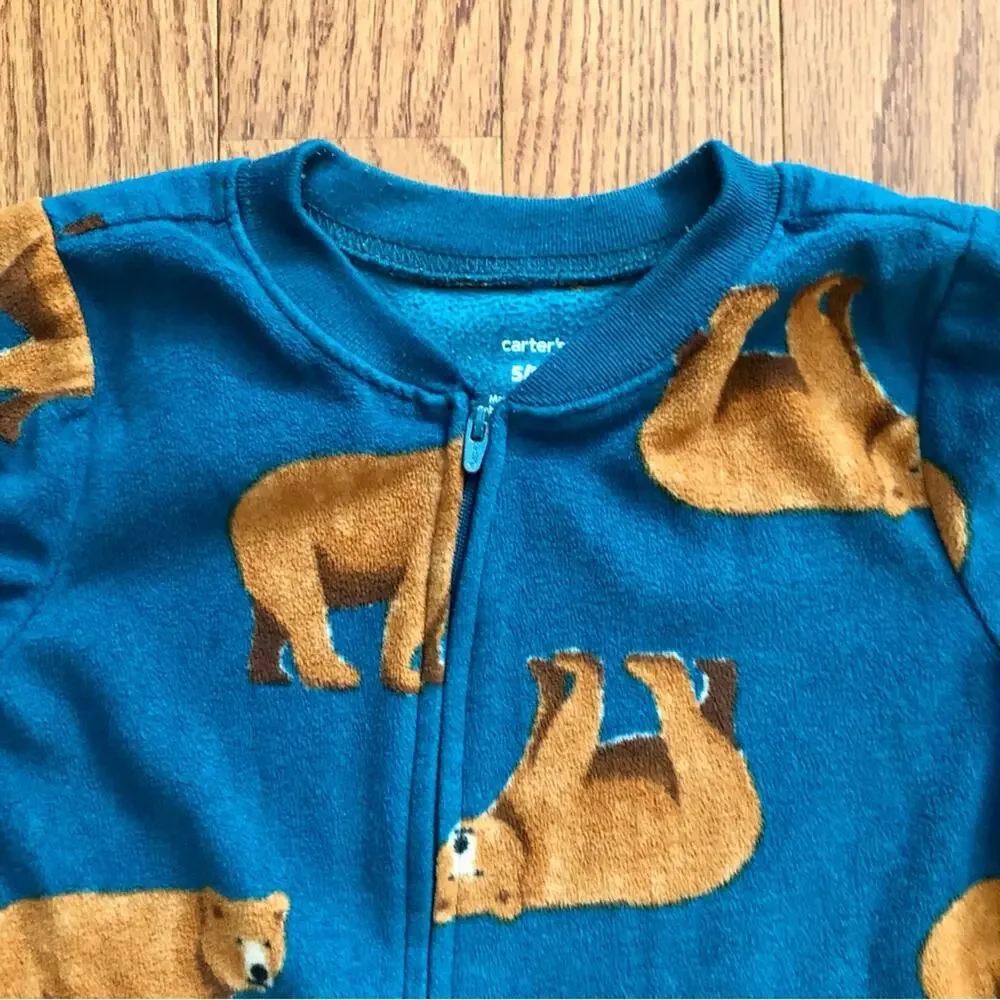 Carter's 1-Piece Bear Print Fleece Footie Teal Brown Pajamas Little Boy’s Size 5